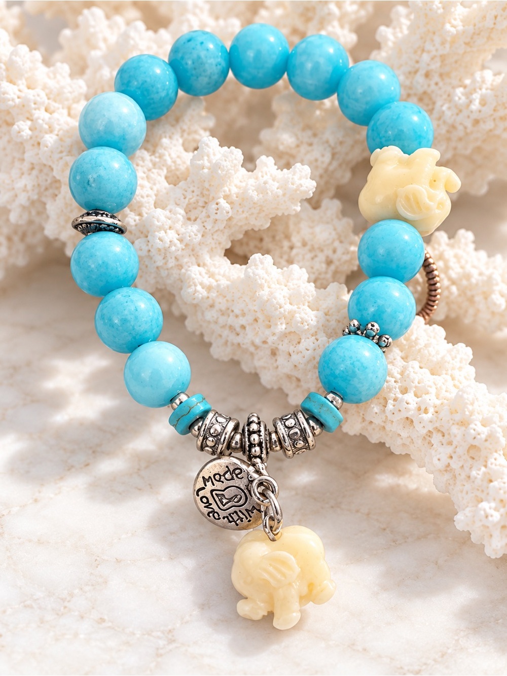 Turquoise Beaded Stretch Bracelet with Ivory Elephant Charm